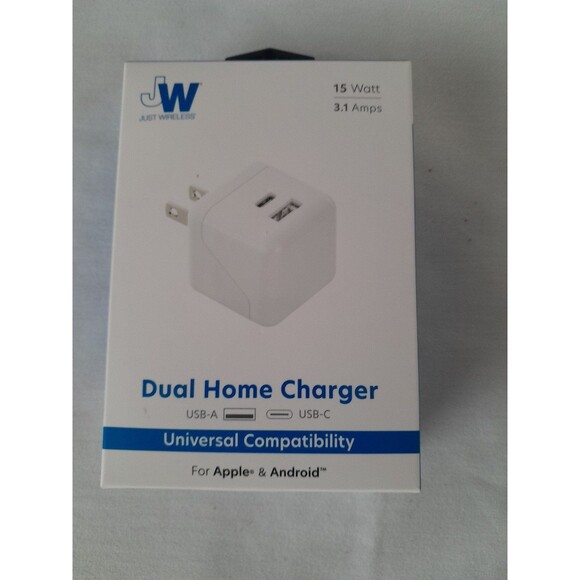 Just Wireless Dual Port USB-A and USB-C Wall Charger - White - Picture 1 of 3